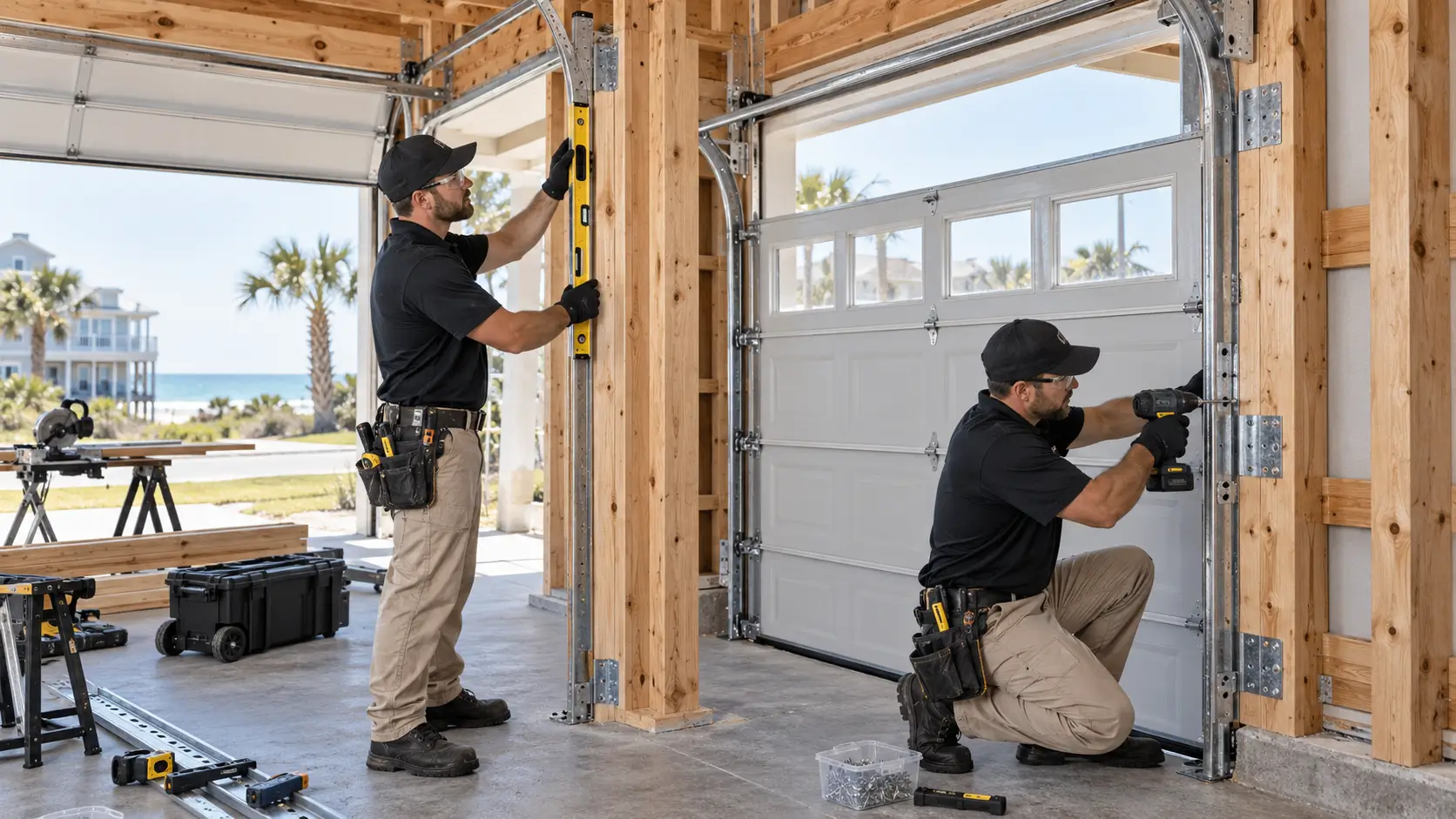 Technicians building custom wood framing and installing aligned garage door tracks in Galveston TX