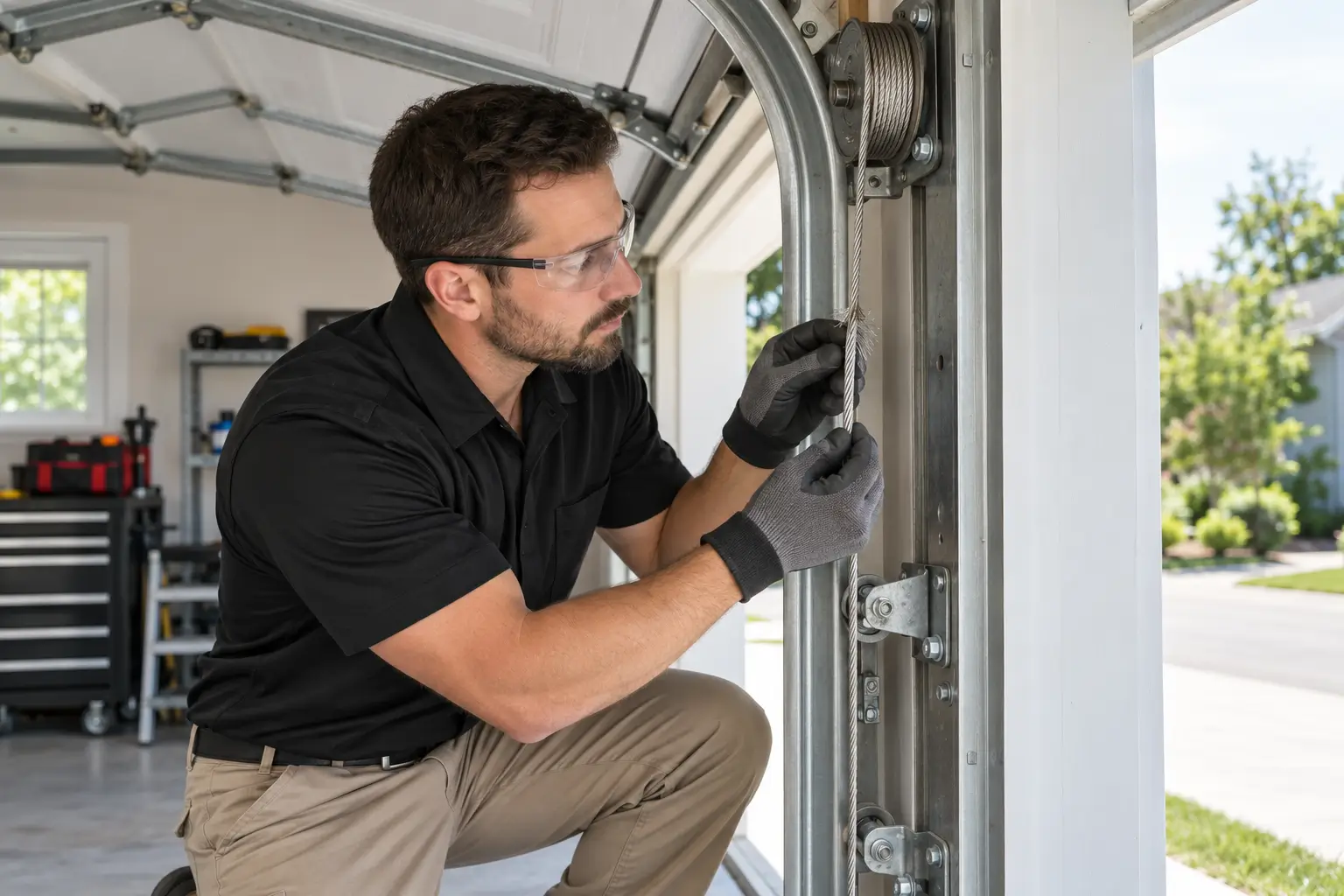 Technician inspecting a frayed garage door cable during maintenance