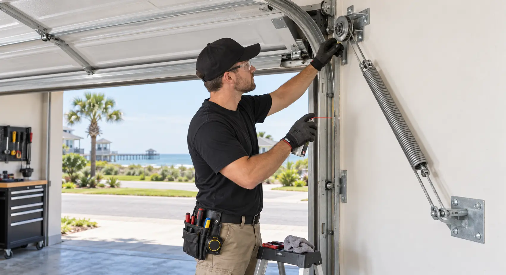 Technician upgrading a garage door extension spring and safety containment cable in Galveston TX