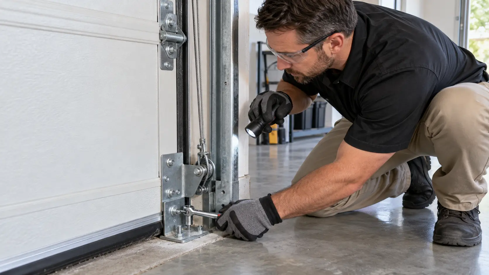 Technician performing garage door bottom bracket and anchor safety checks