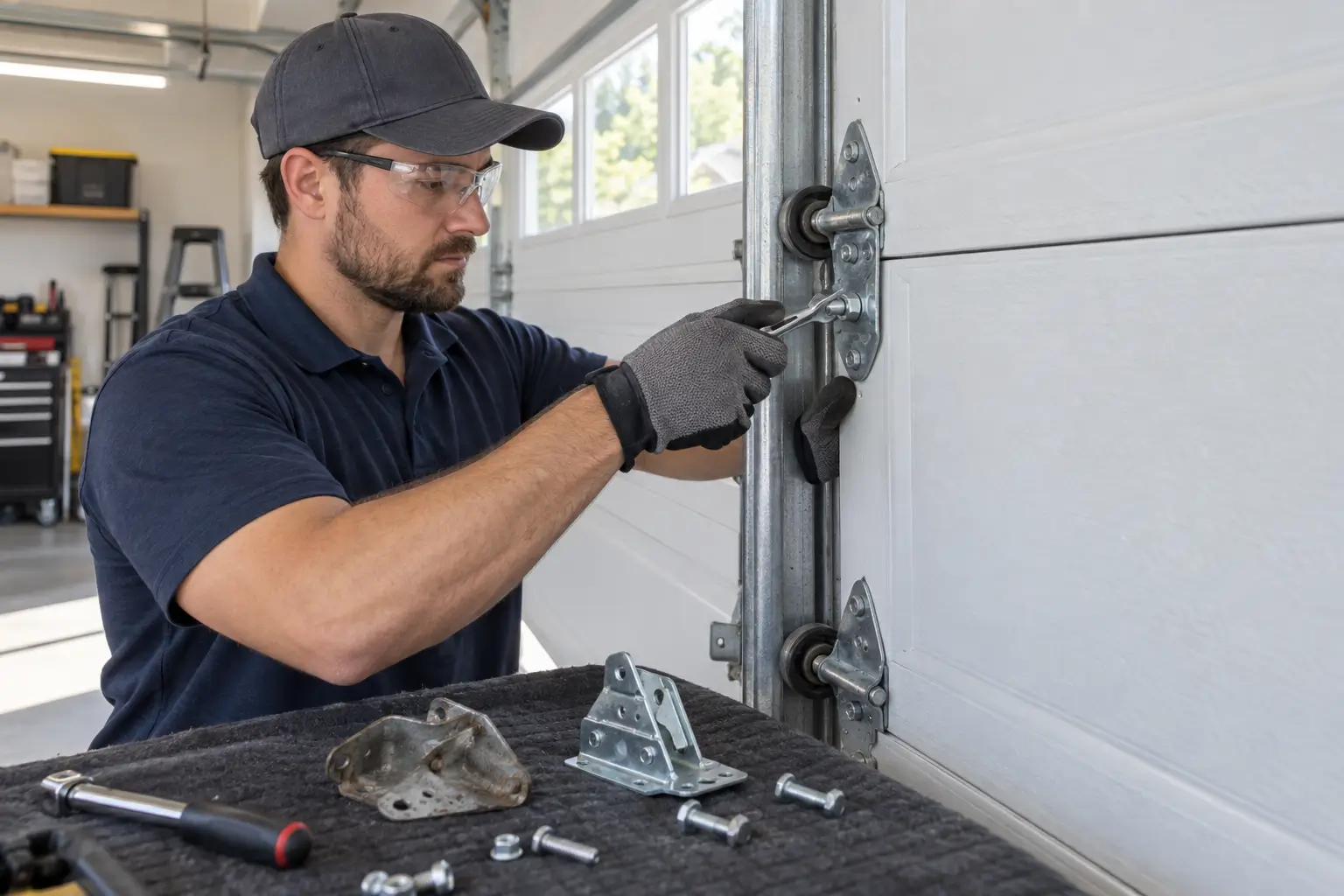 Technician replacing worn garage door brackets