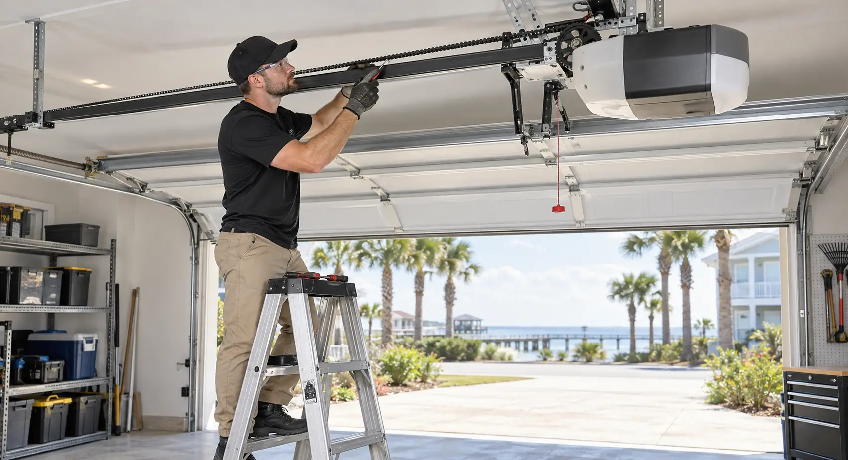 Technician servicing a garage door opener chain and belt drive in Galveston TX