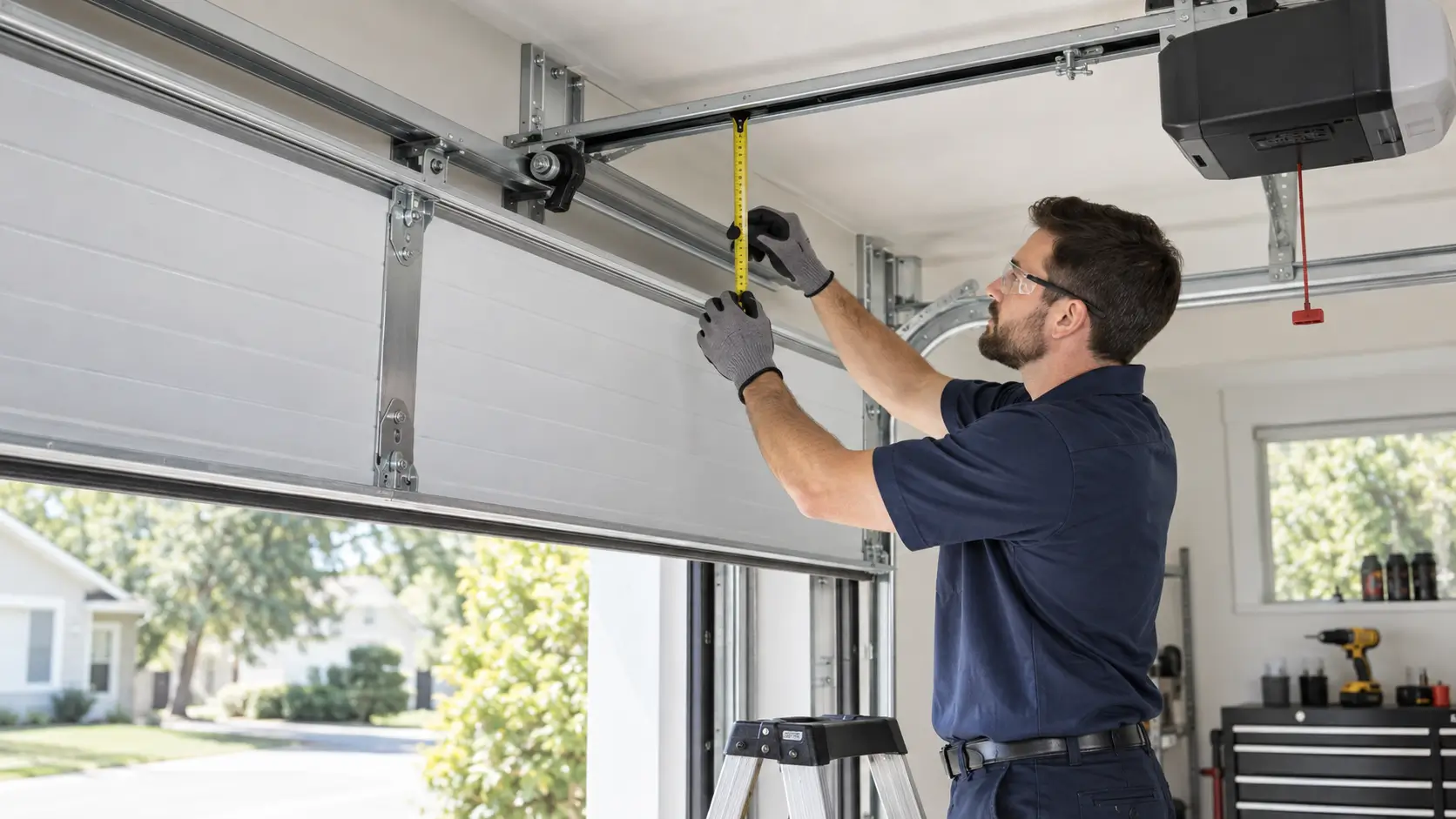 Technician measuring and adjusting garage door track clearance
