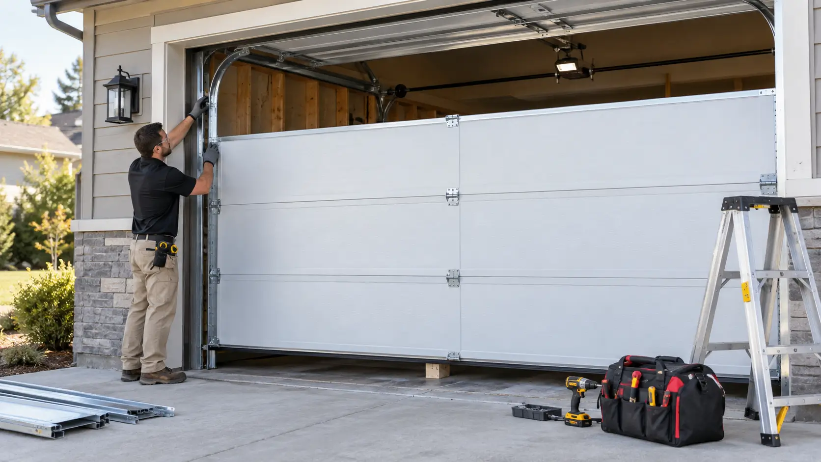 Professional technician installing a new sectional garage door