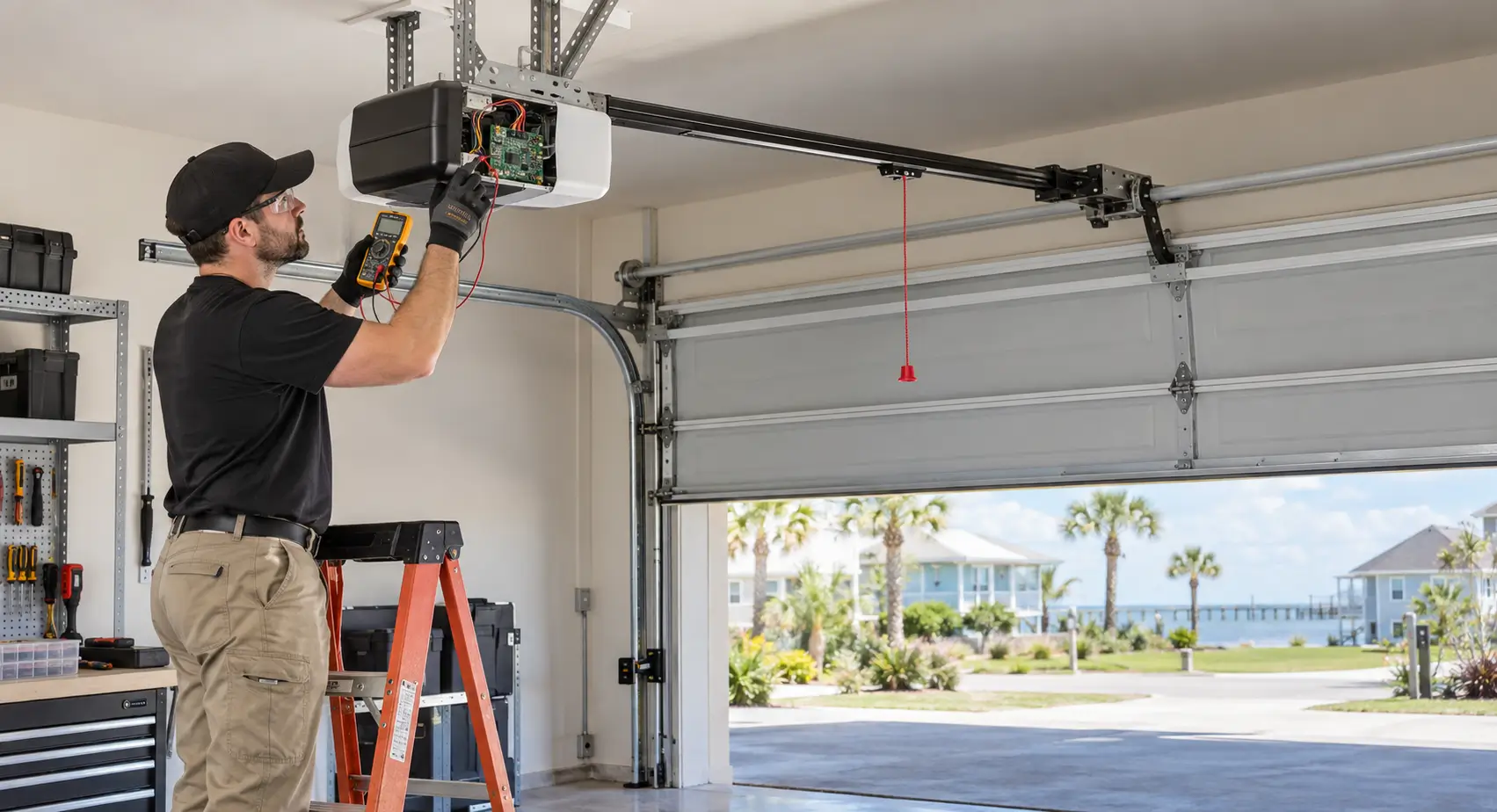 Technician troubleshooting garage door opener circuitry and rail alignment in Galveston TX