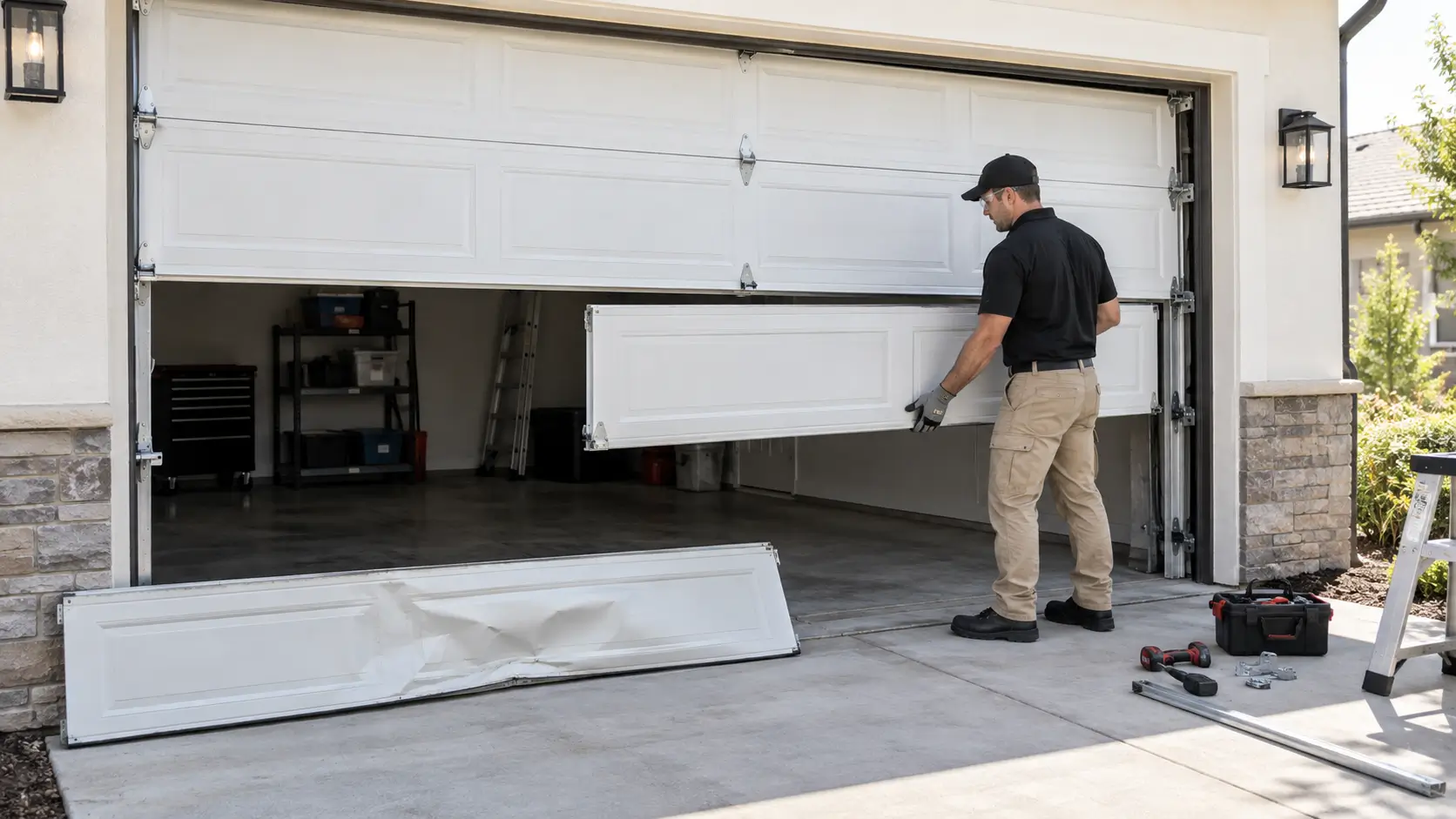 Technician repairing garage door panels in Galveston TX