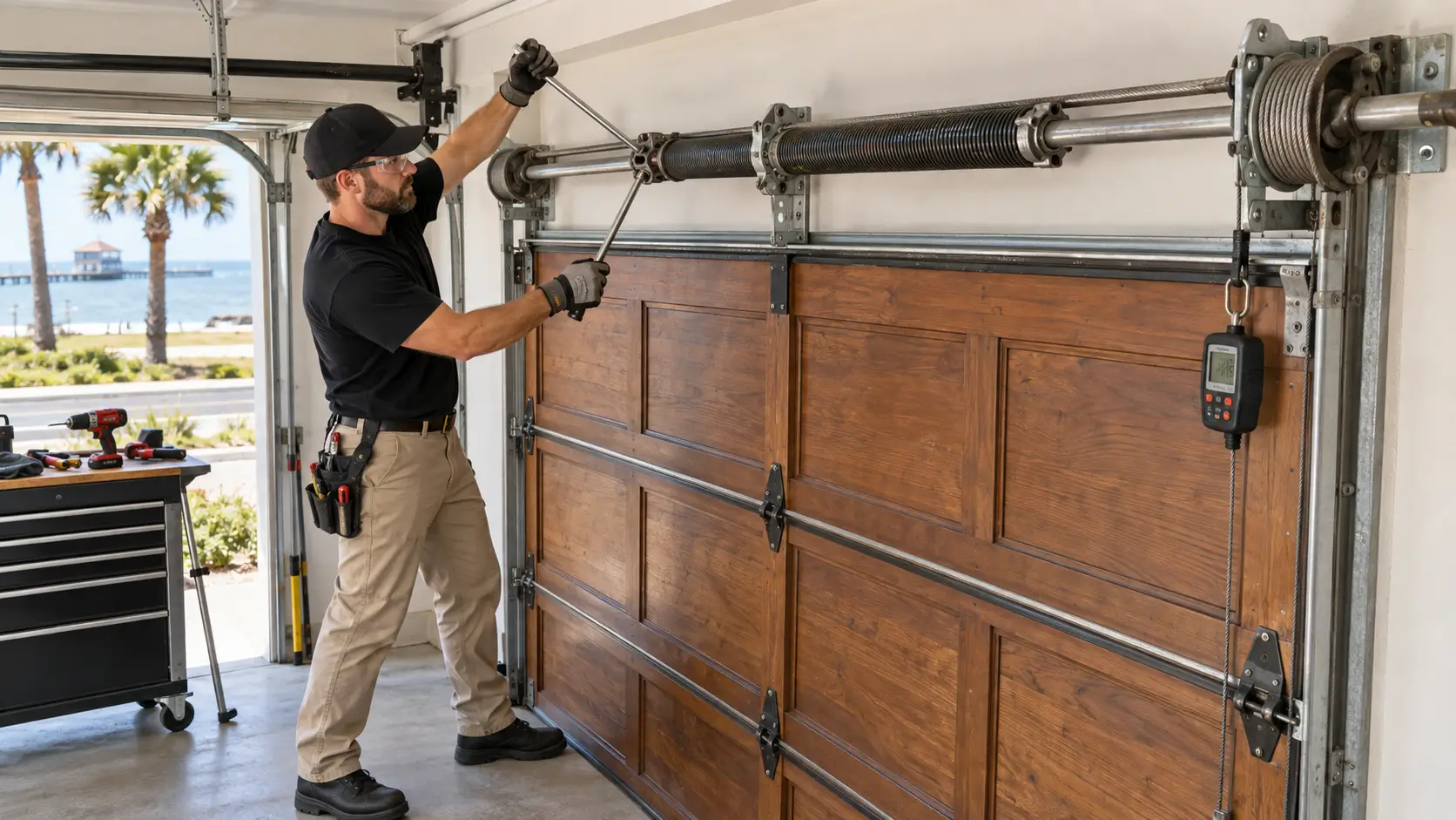 Technician accurately winding and balancing a garage door torsion spring in Galveston TX