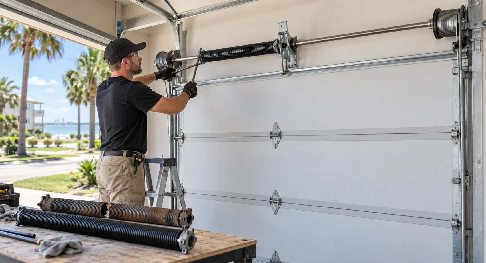 Technician installing a high-cycle garage door torsion spring in Galveston TX