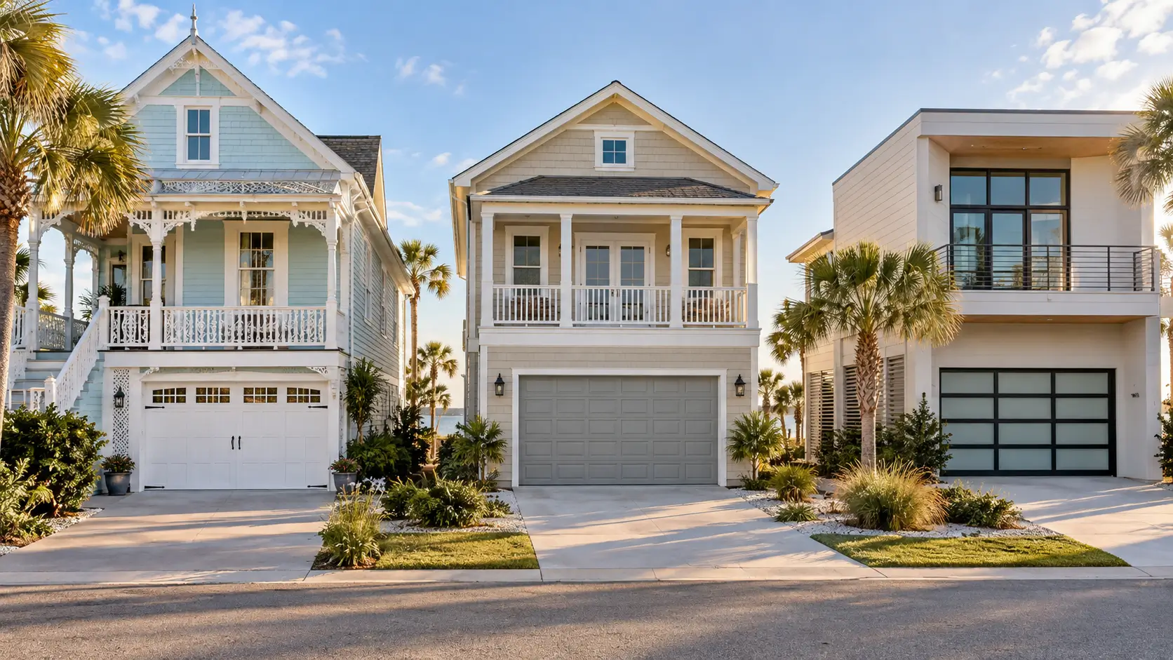 Carriage-house, raised-panel and modern glass garage door styles for Galveston island homes