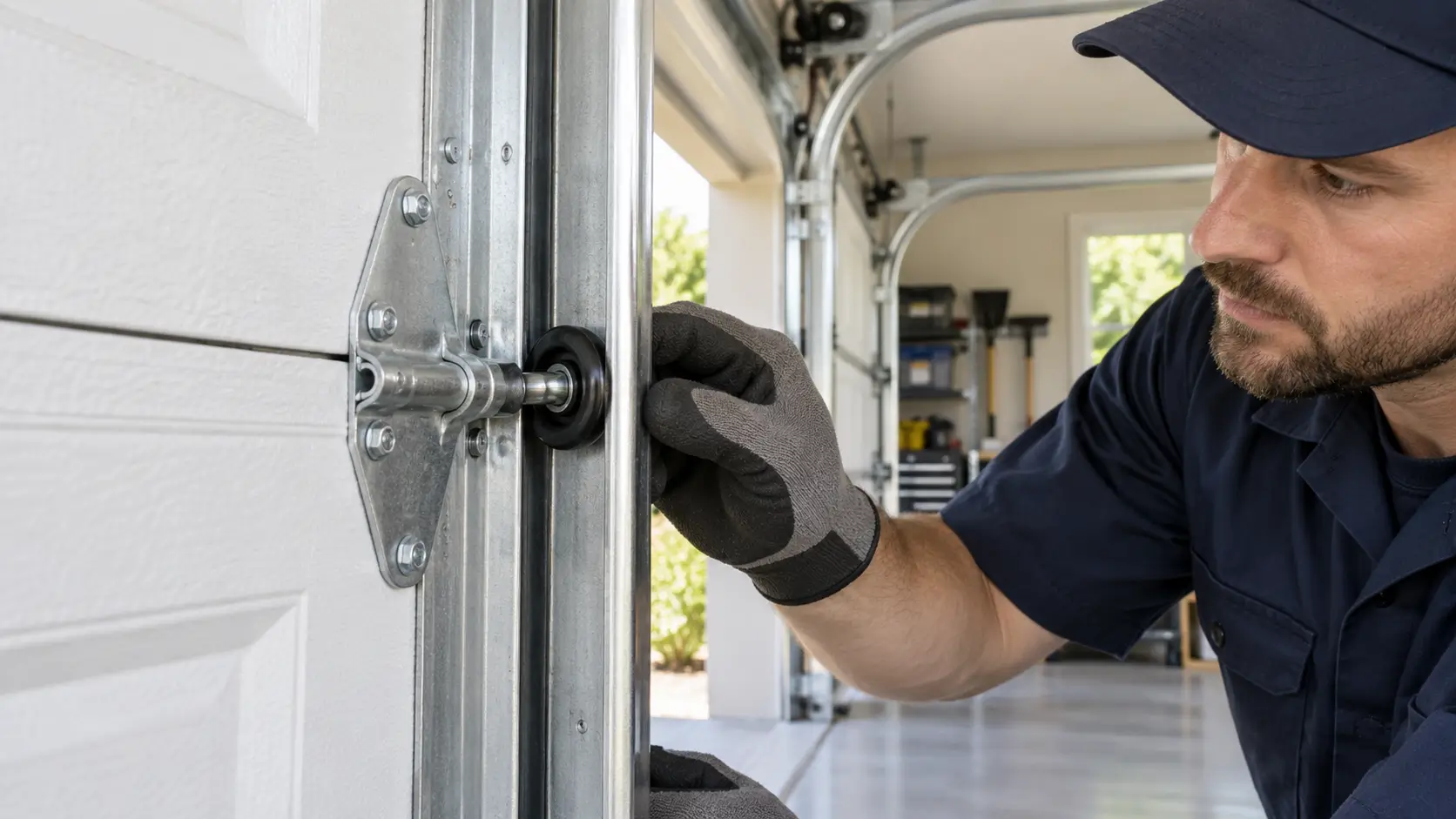 Technician repairing garage door rollers in Galveston TX