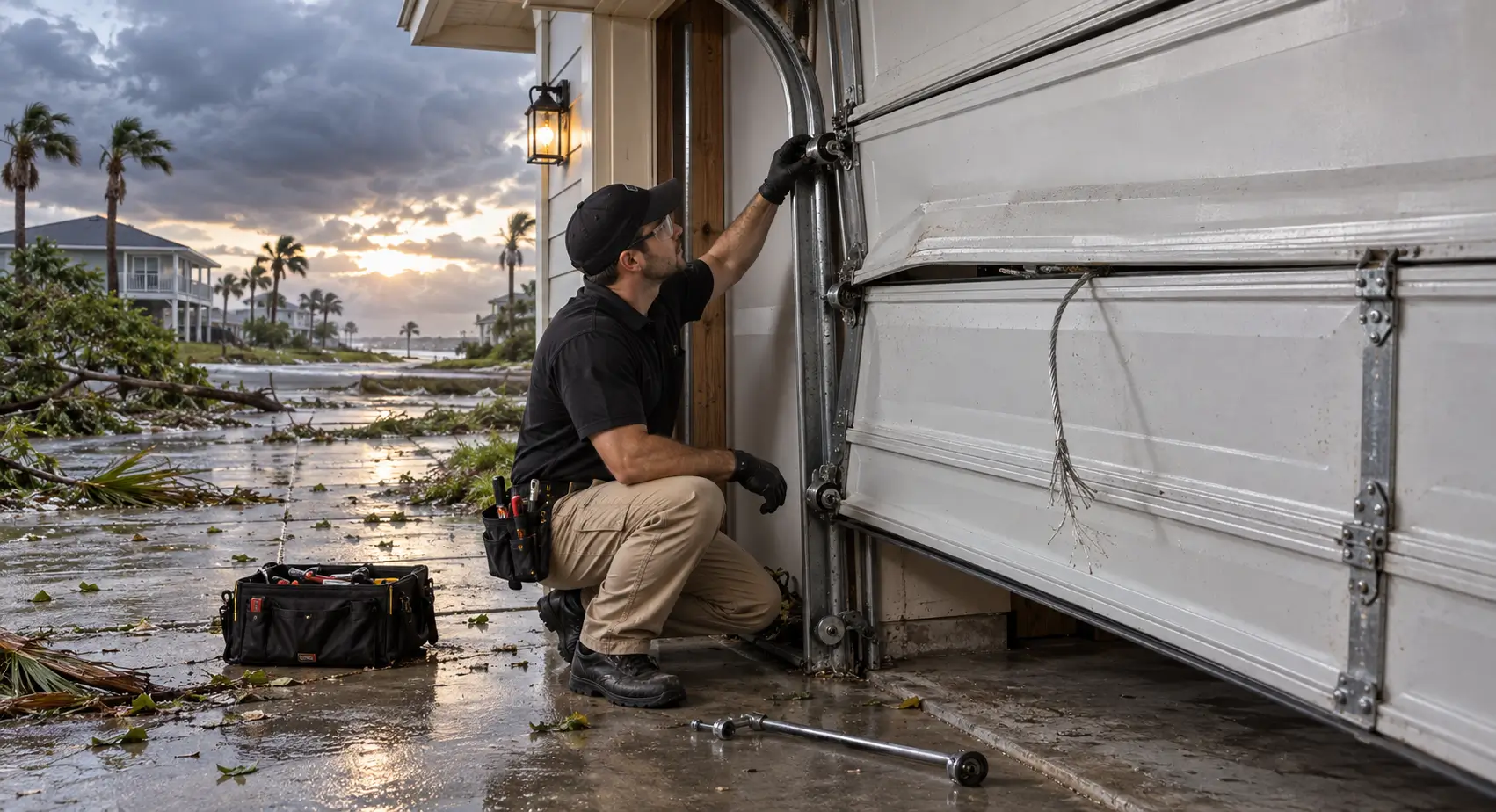 Emergency garage door storm damage repair in Galveston TX