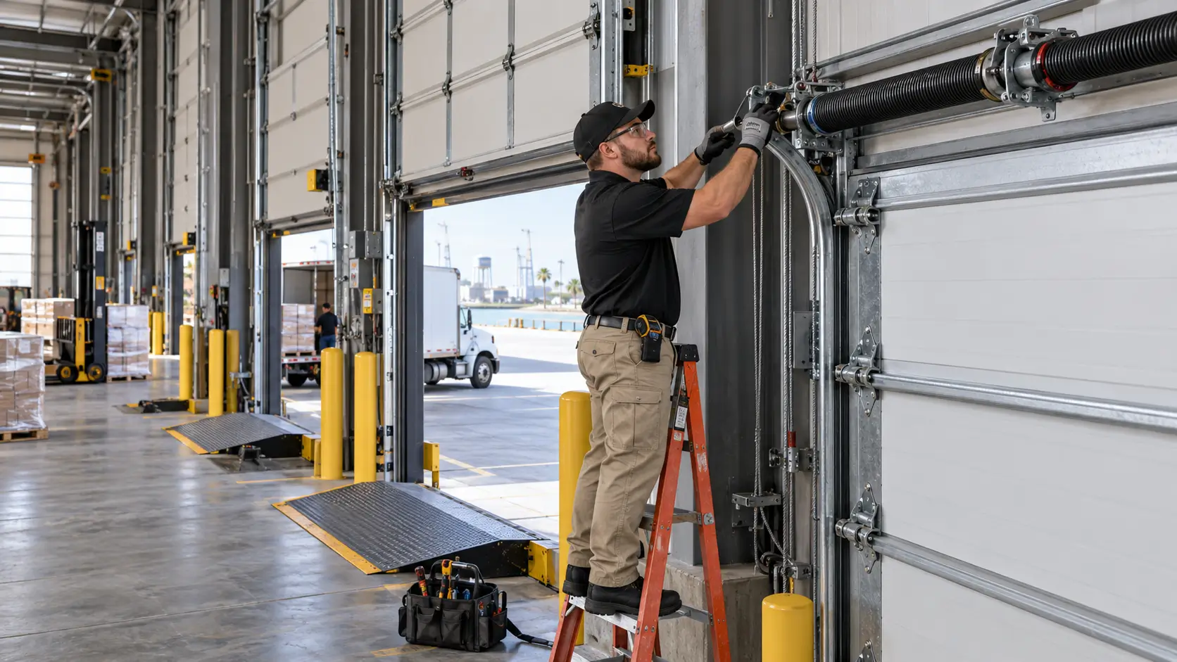 Commercial warehouse loading dock garage door service in Galveston TX